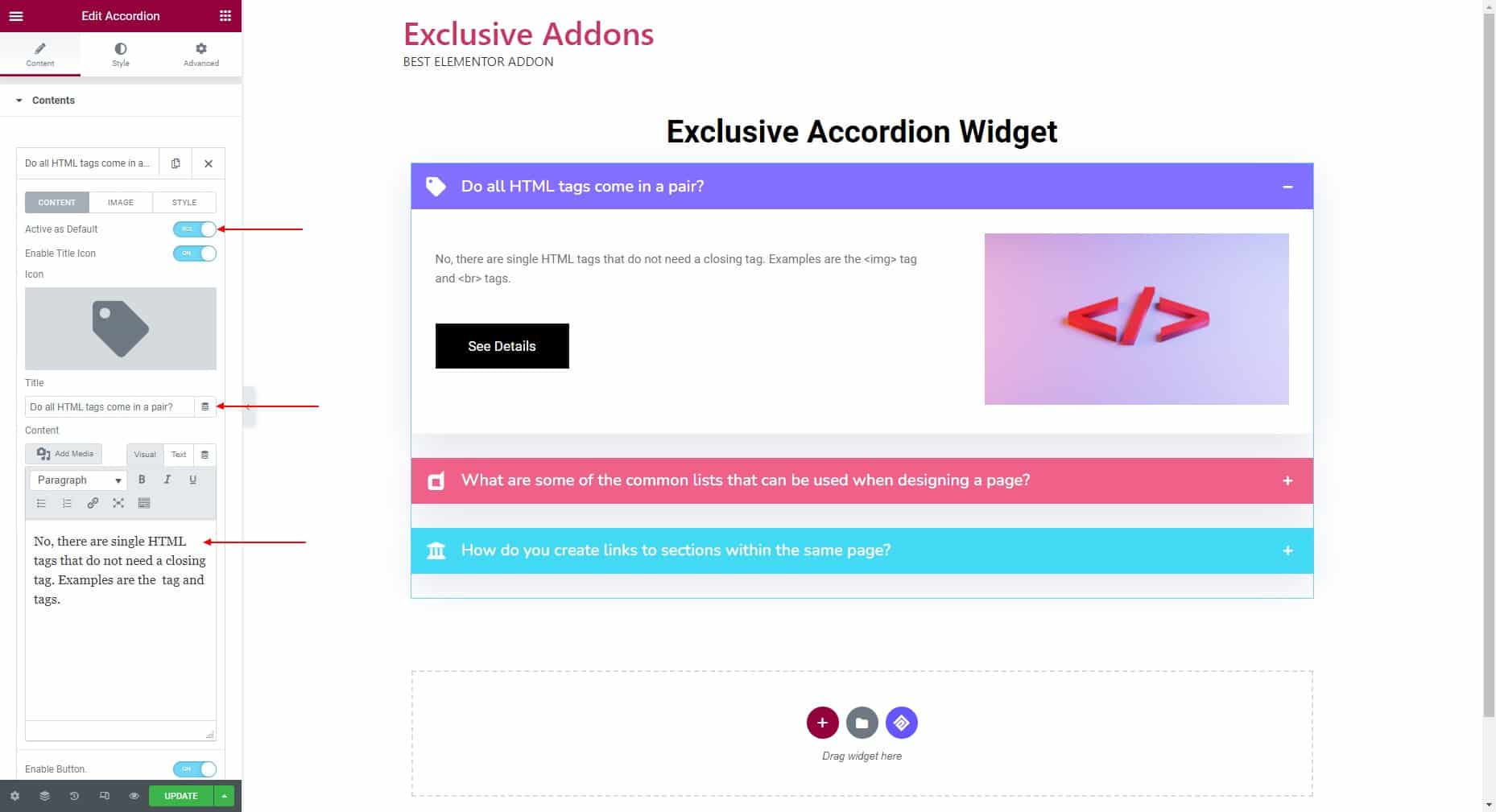 Create WordPress accordion using the Accordion Widget From Exclusive Addons_Step-2-1