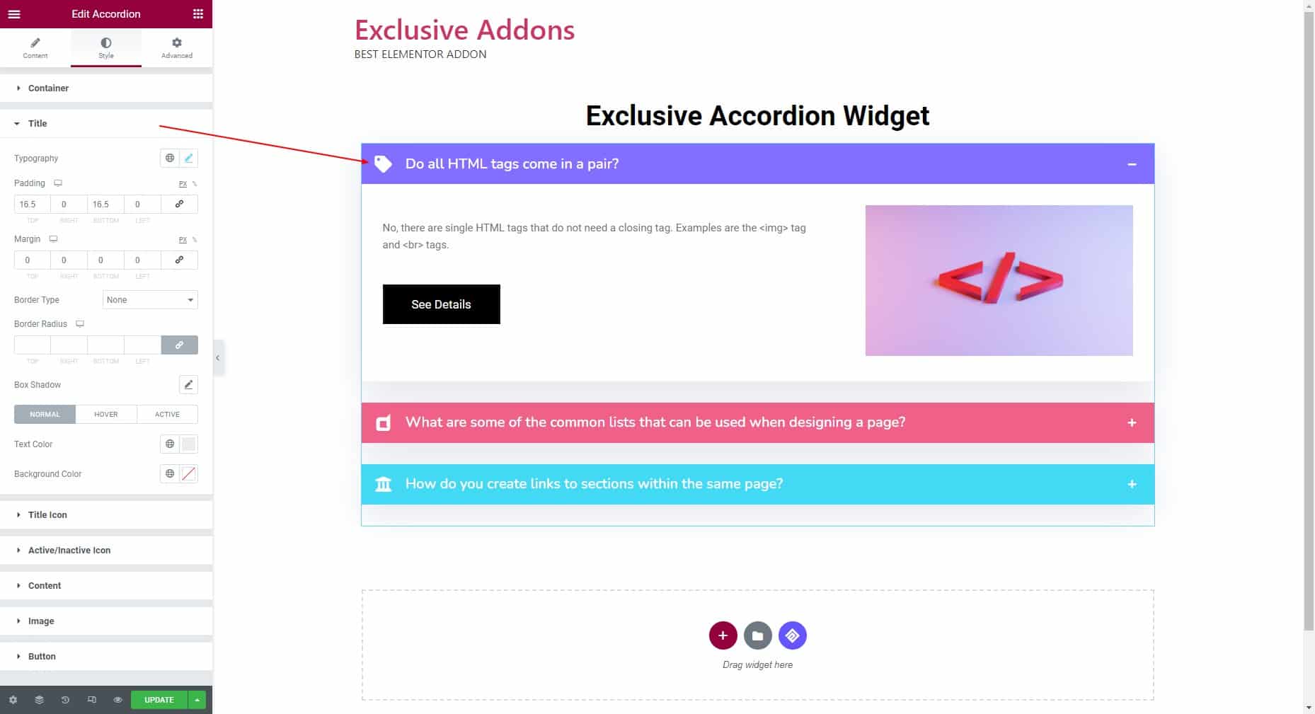 Create WordPress accordion using the Accordion Widget From Exclusive Addons_Step-3-1