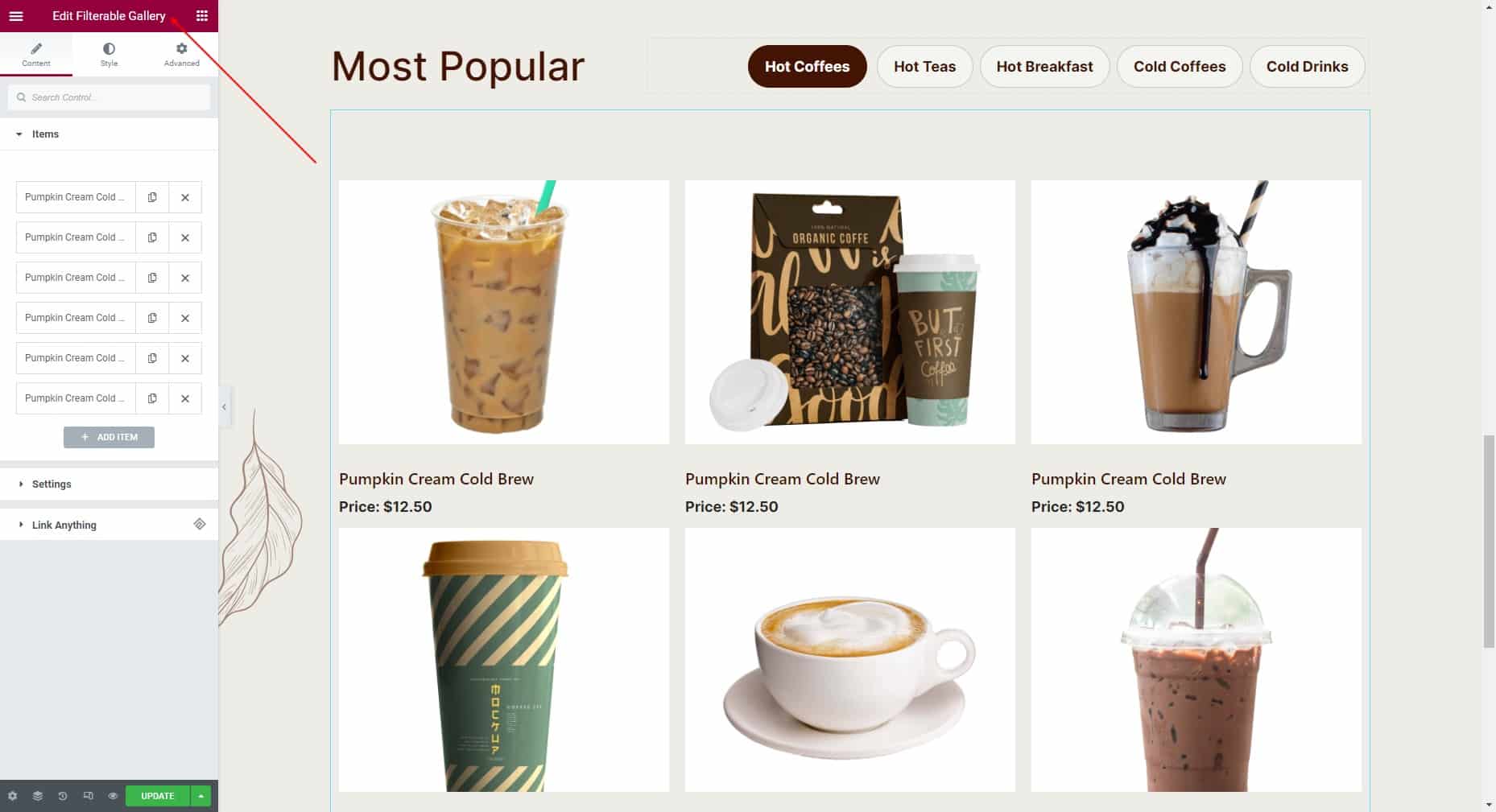 most popular items-coffee shop website